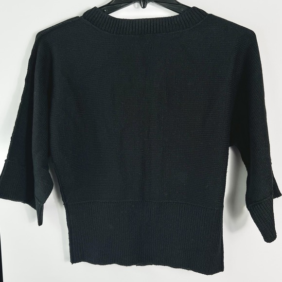 AB Studio Womens S Black Button Front Knit Cardigan Sweater Cropped 3/4 Sleeve - Picture 2 of 5